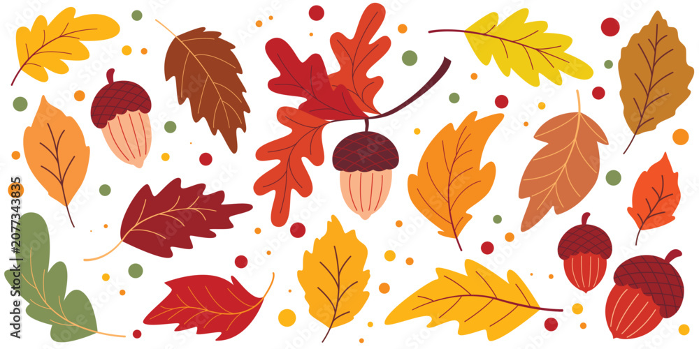 Fototapeta premium Set of colorful autumn acorns and leaves. Fall season botanical forest collection of clip art elements. Colorful oak foliage and fruits. Vector graphics