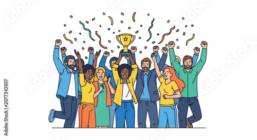 Diverse group celebrating with trophy.