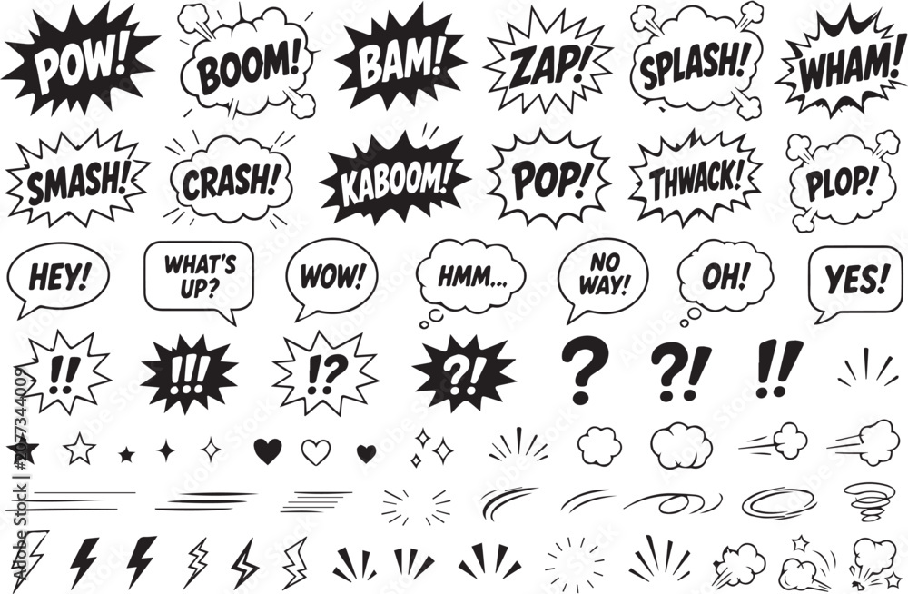 Fototapeta premium Speech bubbles and action graphics vector set – comic book dialogue balloons thought bubbles and action word effects, hand drawn doodle illustration for comic strip, graphic novel and social media