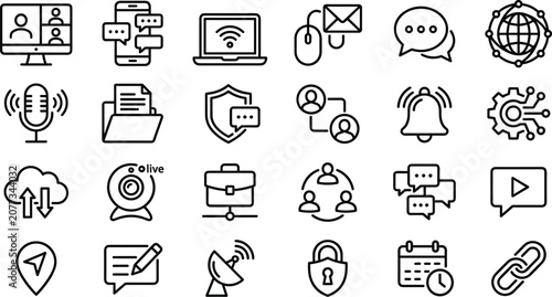 Obraz na płótnie Online communication and digital media line vector icon set on white