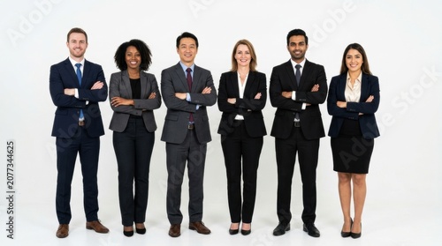 Six confident professionals in formal attire smiling together and Professional Business Team