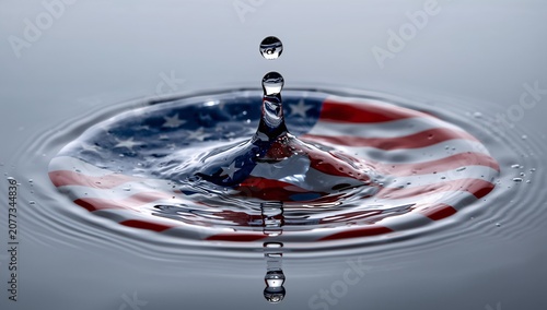 Water Droplet Splash with American Flag Reflection in Clear Water