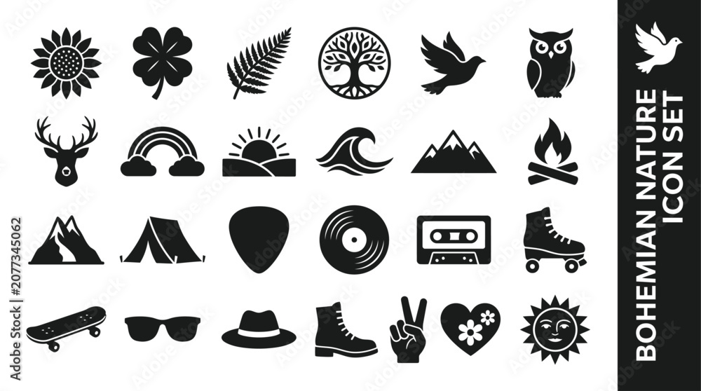 Naklejka premium Bohemian Nature and Outdoor Adventure Silhouette Icon Set for Vintage Travel and Hobby Design