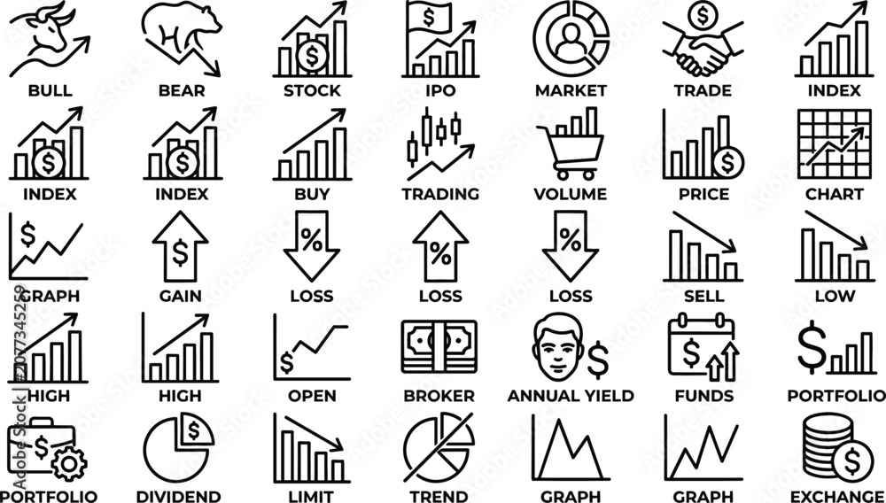 Fototapeta premium Stock Market and Financial Analytics Line Icon Set with Bull Bear Economy Growth and Investment Trading Concept Vector Symbols