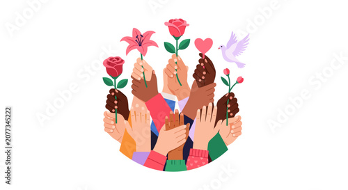 Diverse hands holding colorful flowers.