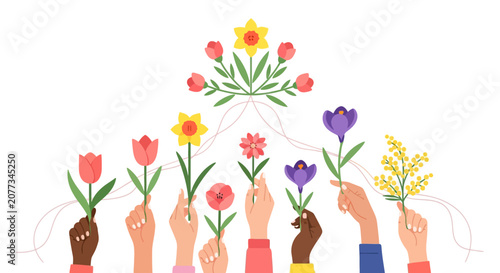 Diverse hands holding colorful flowers.