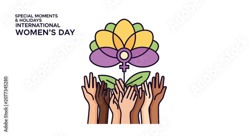 Diverse hands holding purple flower.