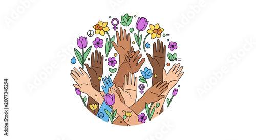 Diverse hands reaching up together high.