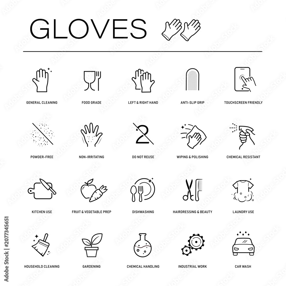 Fototapeta premium Disposable protective gloves icon set. The outline vector icons are well scalable and editable for packaging label design. Great for infographic for different backgrounds. EPS10.
