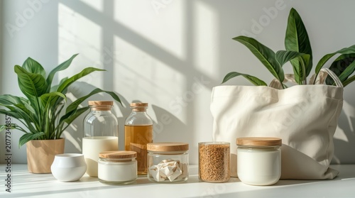Sustainable pantry essentials including glass food containers, bamboo lids, and cloth bags are displayed on a white surface next to lush green houseplants in a bright and airy modern kitchen.