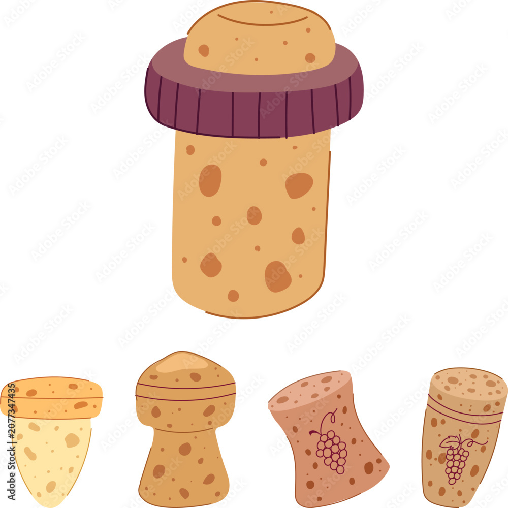 Fototapeta premium Assortment of cork stoppers for wine and champagne bottles, showing various shapes and designs, including traditional and mushroom styles with grape detailing