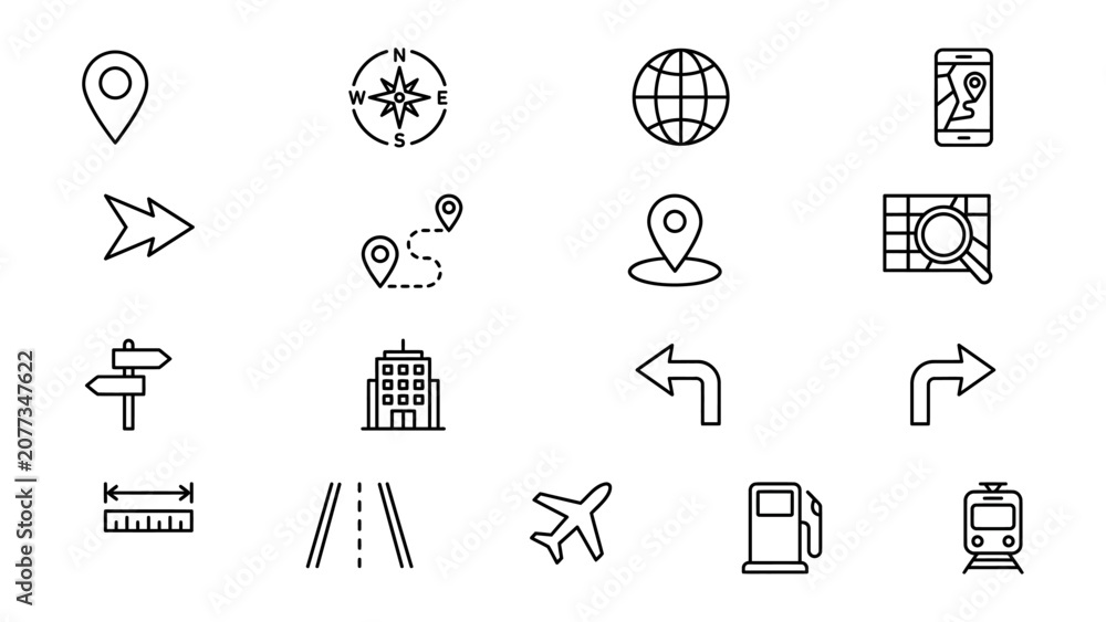 Obraz premium Collection of travel and navigation icons in simple line style
