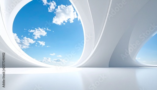 Abstract Architectural Form with Smooth White Curves Framing Sky View