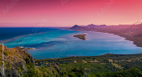 The Stunning aerial view of tropical ocean turquoise lagoon and coral reefs in Mauritius from Le Morne Brabant