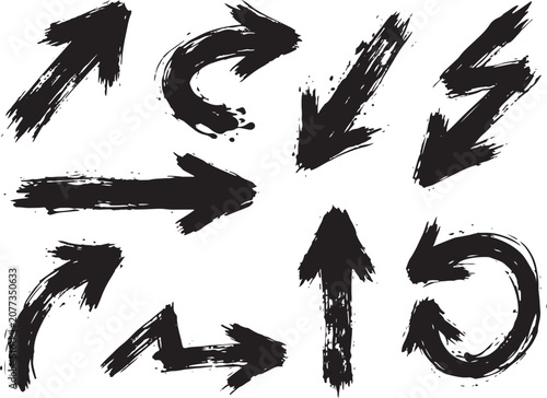Rough painted arrow shapes with grunge brush style isolated vector elements