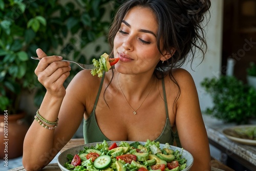 Dieta estiva e salutare: bella donna che  gusta una ricca insalata con pomodori, olive, feta, basilico, lattuga, cetrioli e olio di oliva