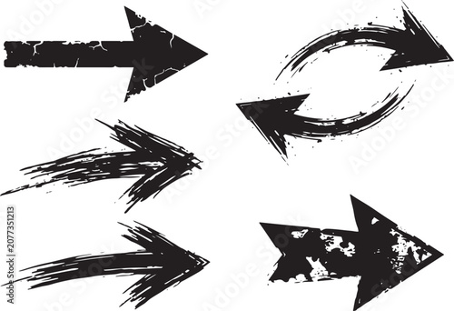 Grunge arrow brush strokes with distressed paint texture isolated vector icons