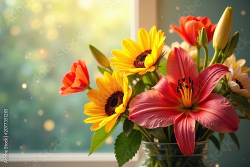 Sun-drenched bouquet of lilies, poppies, and sunflowers , bright colors, vibrant colors, floral
