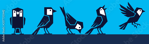 Bild auf Leinwand Abstract geometric birds in various poses on a blue background, depicting movement and character