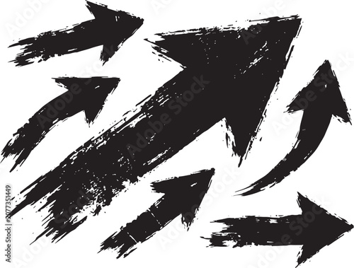 Grunge brush arrow collection with rough paint textures in modern vector style