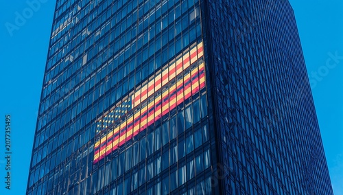 Modern Glass Office Building Reflecting Sky with Illuminated American Flag Display