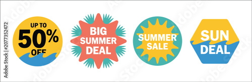 Summer sale badges, tropical discount labels with sun and beach elements, seasonal promotional stickers, vacation marketing tags, colorful vector illustration set isolated on white background.