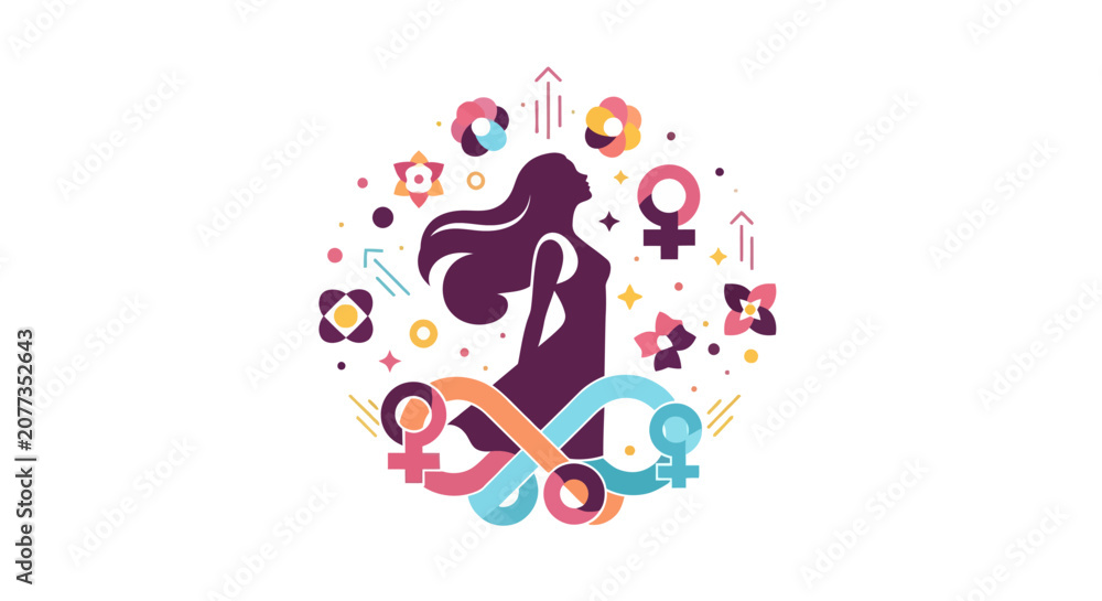 Naklejka premium Female silhouette surrounded by symbols.