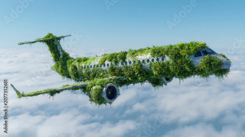 Eco-friendly airplane flies above fluffy clouds