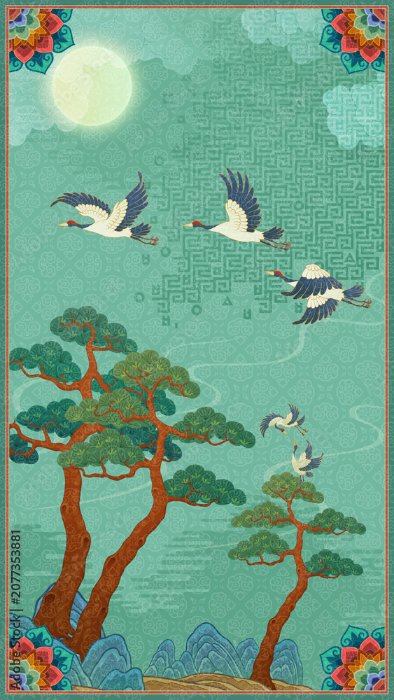 Fototapeta premium Traditional Korean folk painting, landscape with cranes, ultra-high-definition illustration, traditional East Asian art