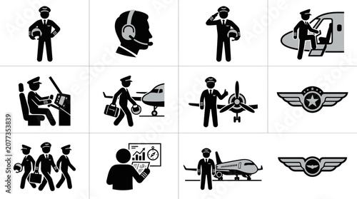 Aviation pilot and airplane crew silhouette icon set.