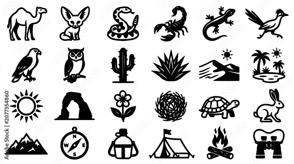 Fototapeta premium Desert Wildlife Icons Collection Featuring Animals, Plants, and Outdoor Elements in Black and White Featuring Vector