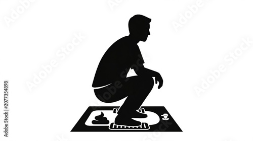 Silhouette of a man squatting on a traditional Asian squat toilet vector illustration