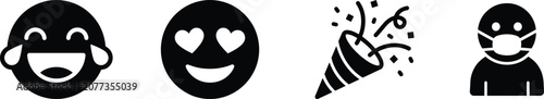 Photos Black icons of laughing face, heart eyes face, party popper and person with face