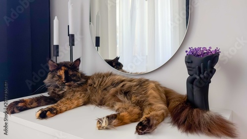 The Maine Coon cat is lying on the table.