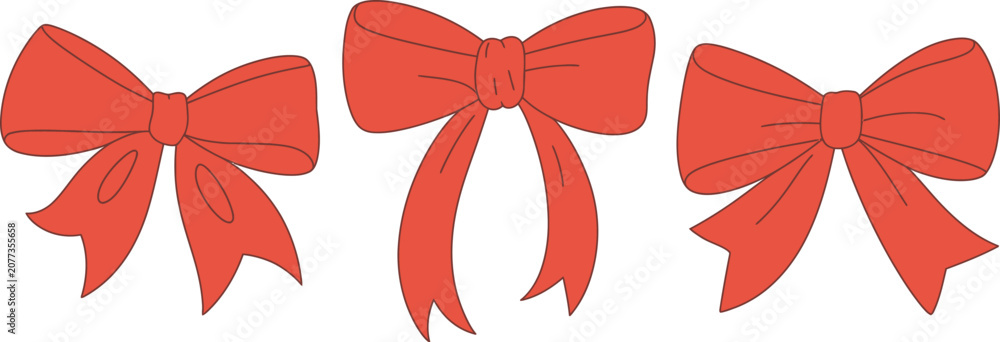 Obraz premium Hand drawn red bow illustration set, generic scarlet ribbon decorations for gifts holidays and celebrations.