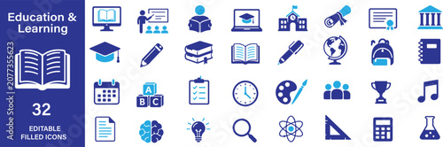 Obraz na plátně Premium Education and Learning Filled Vector Icons Set for UI, App, Website, Dashboard, Presentation, Infographic, Branding, and Commercial Stock Use