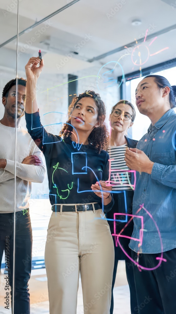 Fototapeta premium Strategic Collaboration: A diverse team of professionals engages in a dynamic brainstorming session, mapping out ideas on a glass board, fostering innovation and teamwork.