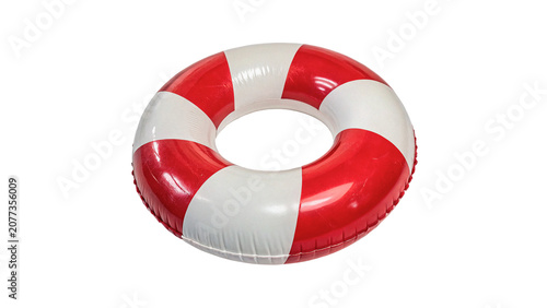 Red and white striped inflatable swim ring lifebuoy pool float isolated on transparent background Png cut out
