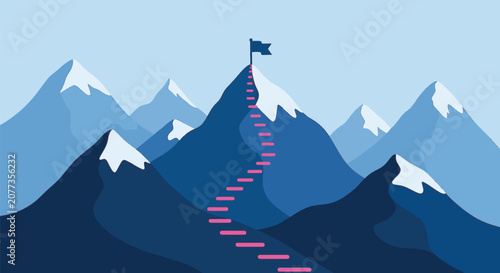 Minimalist blue mountain vector with snow peaks featuring pink stairs leading to a flag on the summit. Business concept illustration representing goal achievement and progress.