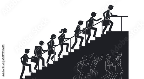 Black silhouette stick figure professionals climbing stairs for career growth. White outlined figures run below, symbolizing corporate ladder progression and business competition.