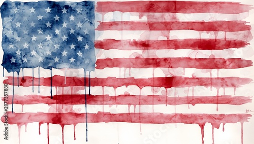 Watercolor American Flag Painting with Dripping Red and Blue Colors Artistic Patriotic Wall Art