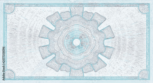Intricate pale cyan and blue guilloche artwork with central rosette pattern, radial lines, and decorative rectangular border design for currency or certificate backgrounds.