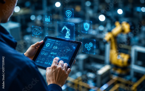 Industrial automation, smart factory, robotics, technology, digital tablet, innovation