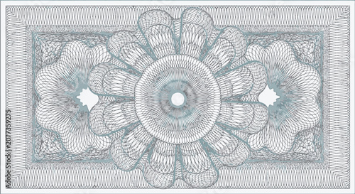 Intricate pale turquoise blue guilloche pattern featuring a large central mandala rosette flanked by two symmetrical circular designs within a rectangular decorative security border frame.