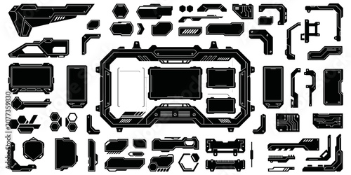 Collection of hud elements and interface design frames for tech projects. Contains corners, borders, status bars, circuit boards and digital icons. Set of hud elements and interface design frame.