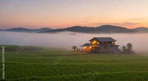 A lit wooden stilt house sits amidst green rice terraces with morning fog rolling over the hills under a sunset sky.