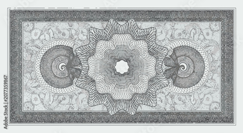 Intricate pale slate cyan guilloche pattern background featuring central rosettes and spiraling geometric line work for security documents, banknotes, certificates, and legal papers.