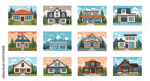 Set of twelve stylized vector illustrations showing diverse architectural house designs including modern villas, mountain cabins, suburban family homes, and rustic cottages.