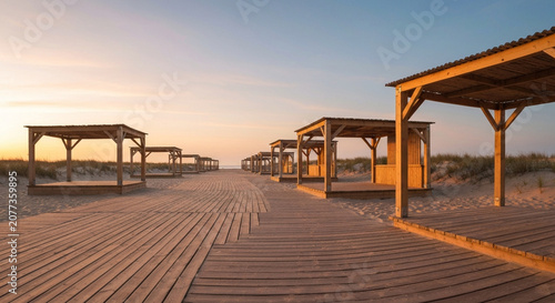 A wooden pathway leading through sand dunes lined with empty timber beach pavilions under a clear sunset sky.