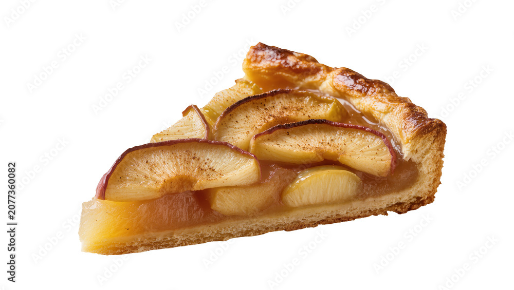 Fototapeta premium Slice of golden baked apple pie with cinnamon and flaky crust